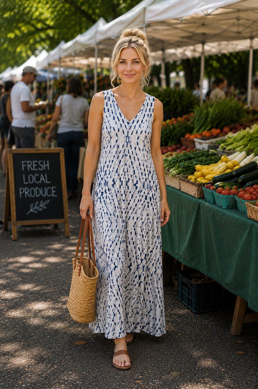 Pure Jill PureJill Navy White Tie Die Maxi Dress 1 Pocket Size S